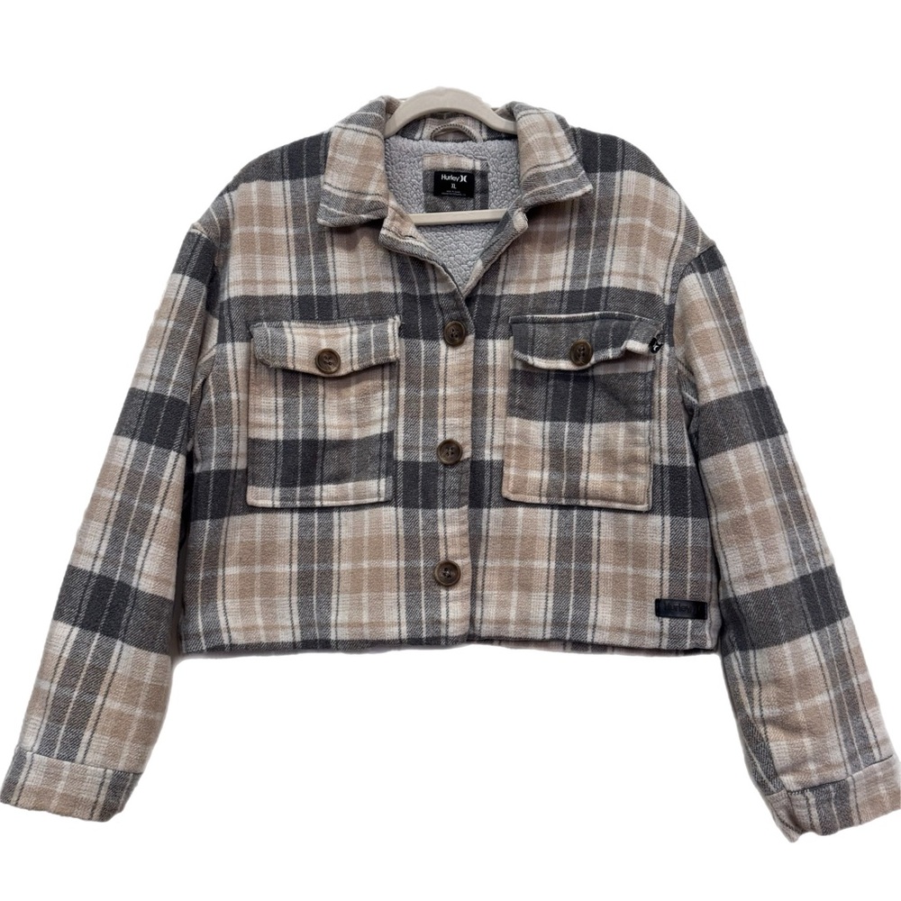 Hurley Beige Gray Plaid Cropped Jacket